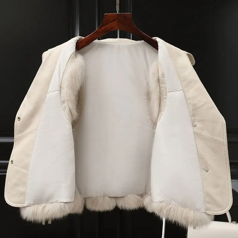 Faux-fur gilet with bold oversized lapel, styled over a knit, front view