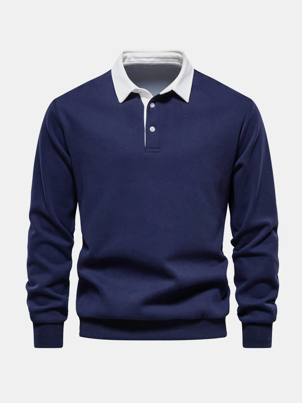 Navy polo collar sweatshirt with button placket, long sleeve, front view