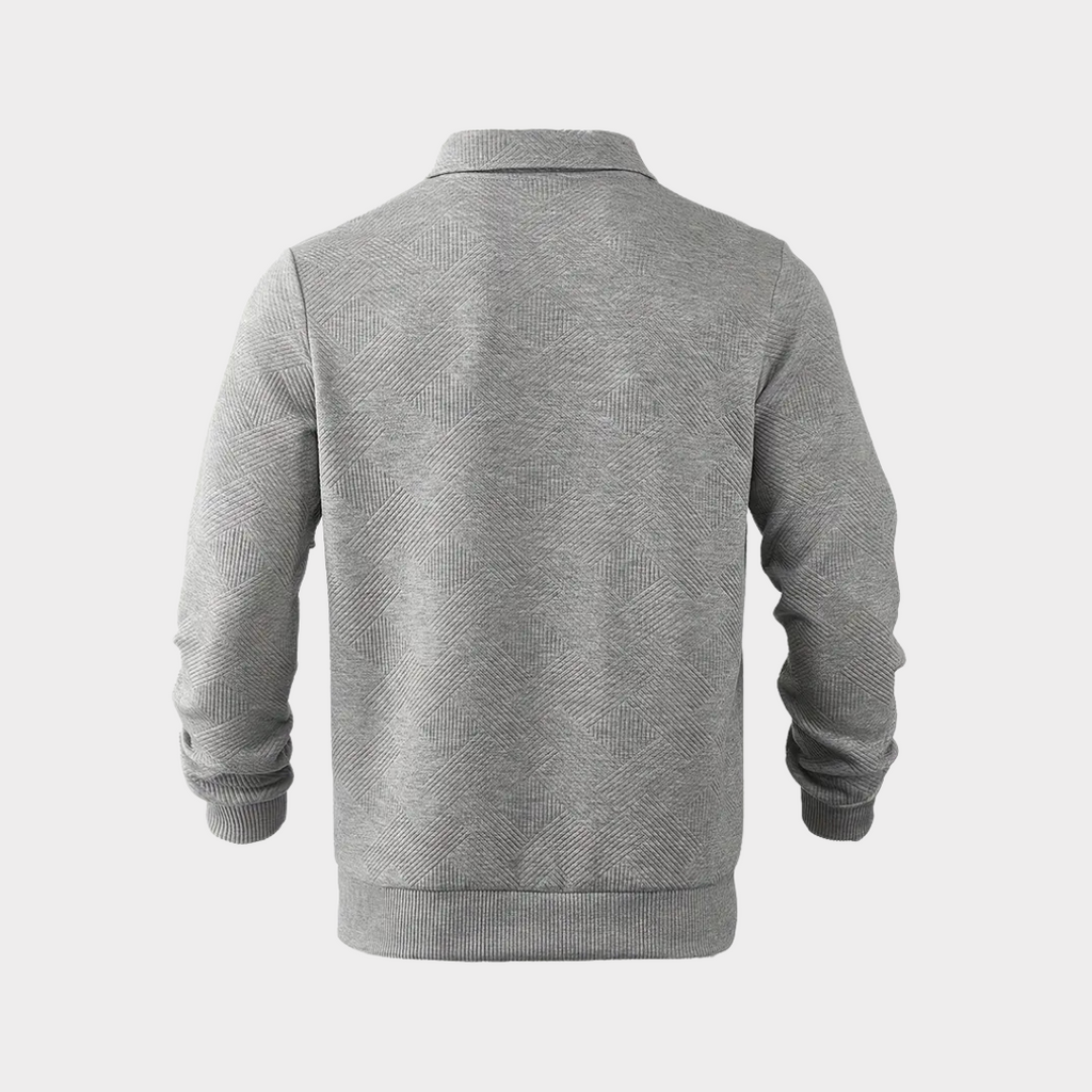 Quarter zip sweater with geometric print knit and stand collar, gallery view 8