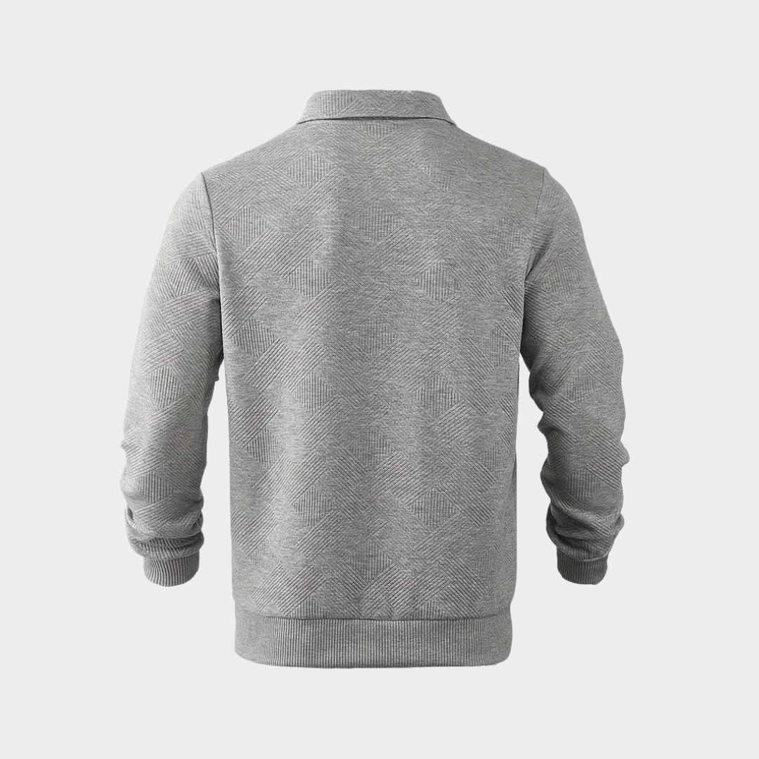 Quarter zip sweater with geometric print knit and stand collar, gallery view 8