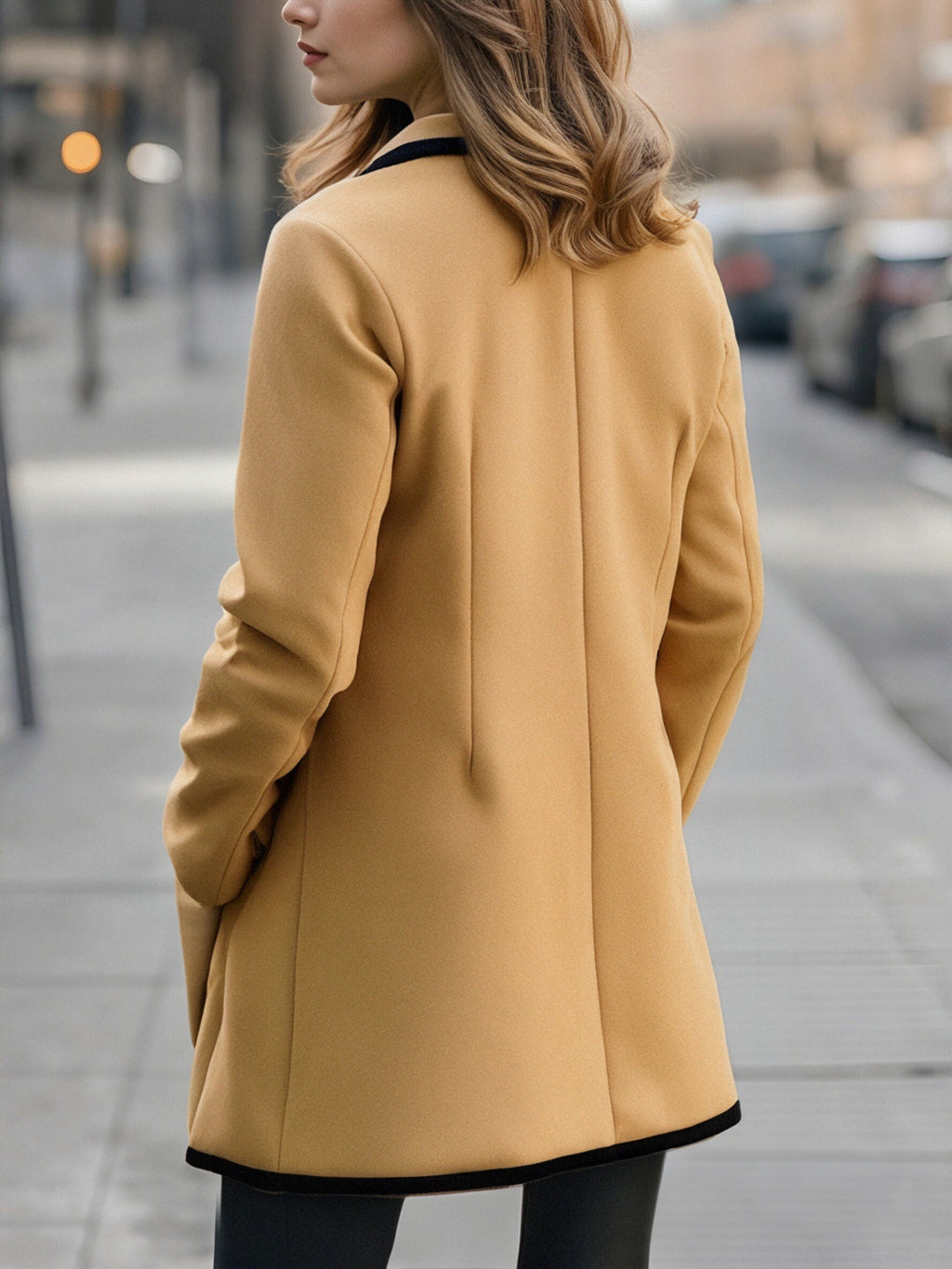 Relaxed double-breasted coat with contrast trim, three-quarter view