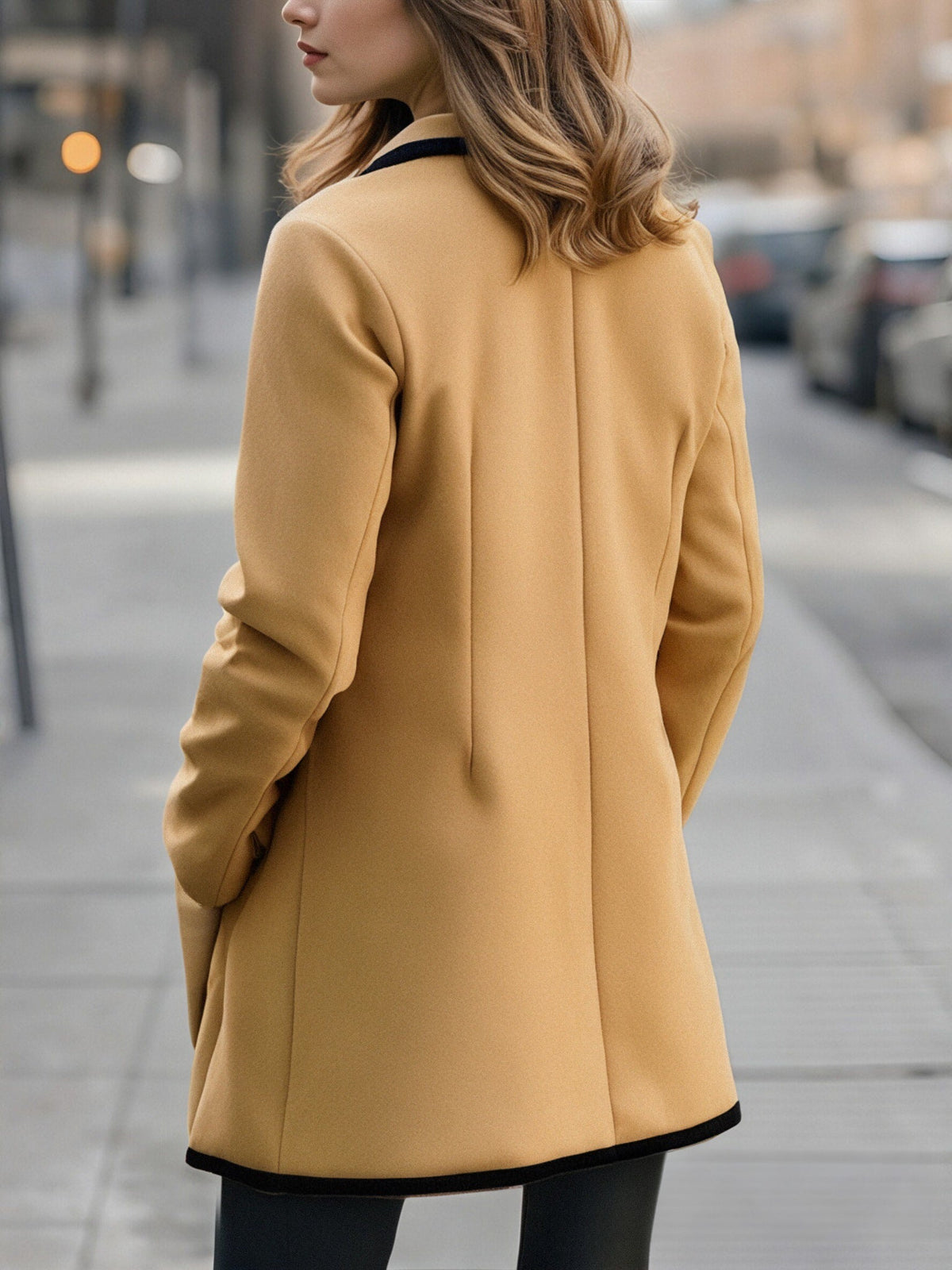 Relaxed double-breasted coat with contrast trim, three-quarter view