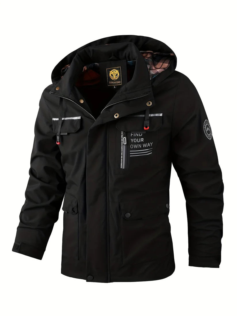 Waterproof winter jacket with zip front and pockets, detail view