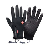 Heated touchscreen gloves in black, view showing the wired power supply and warming panel