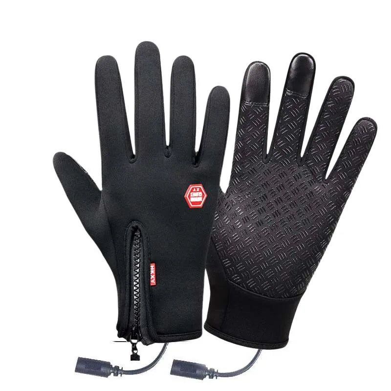 Heated touchscreen gloves in black, view showing the wired power supply and warming panel