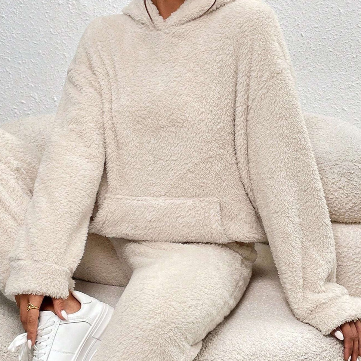 Teddy fleece loungewear set with hooded top, kangaroo pocket and long pants