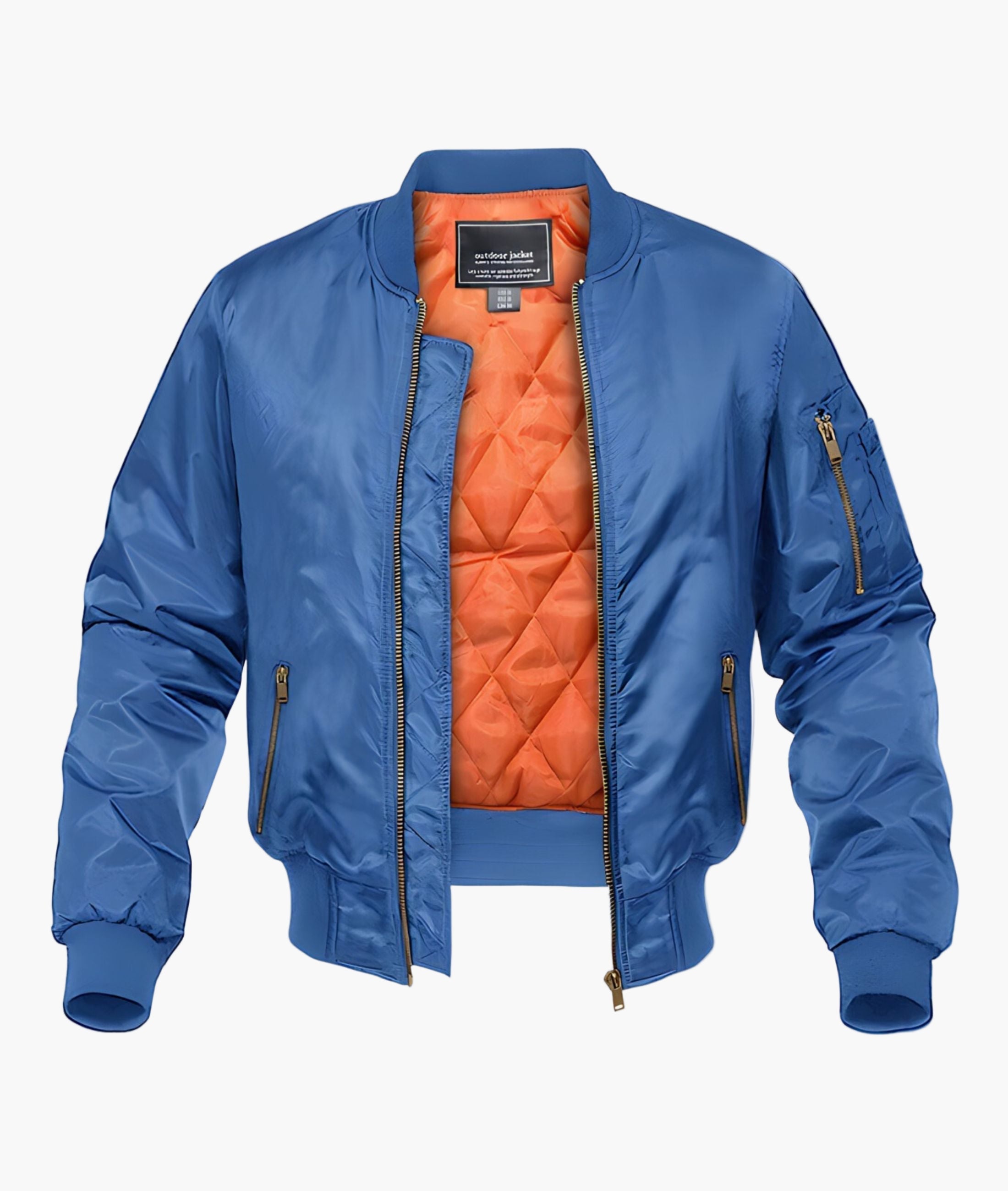 Black bomber jacket with quilted lining, shown worn with zip side pockets visible