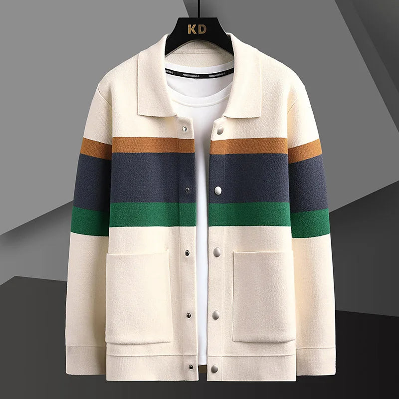 Striped knit varsity jacket with button-front closure, front view