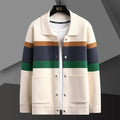 Striped knit varsity jacket with button-front closure, front view