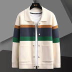 Striped knit varsity jacket with button-front closure, front view