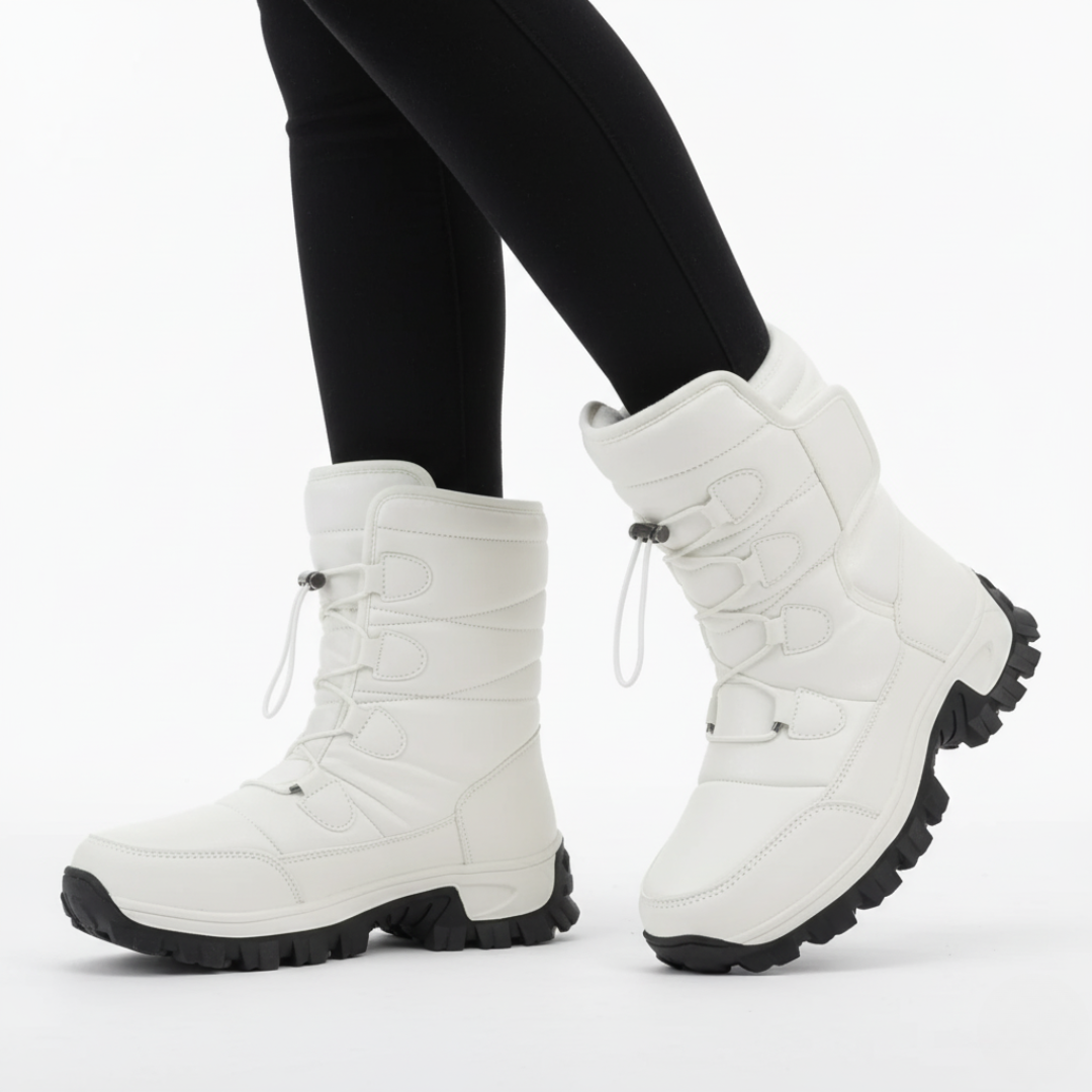 Splashproof plush-lined snow boots in white.
