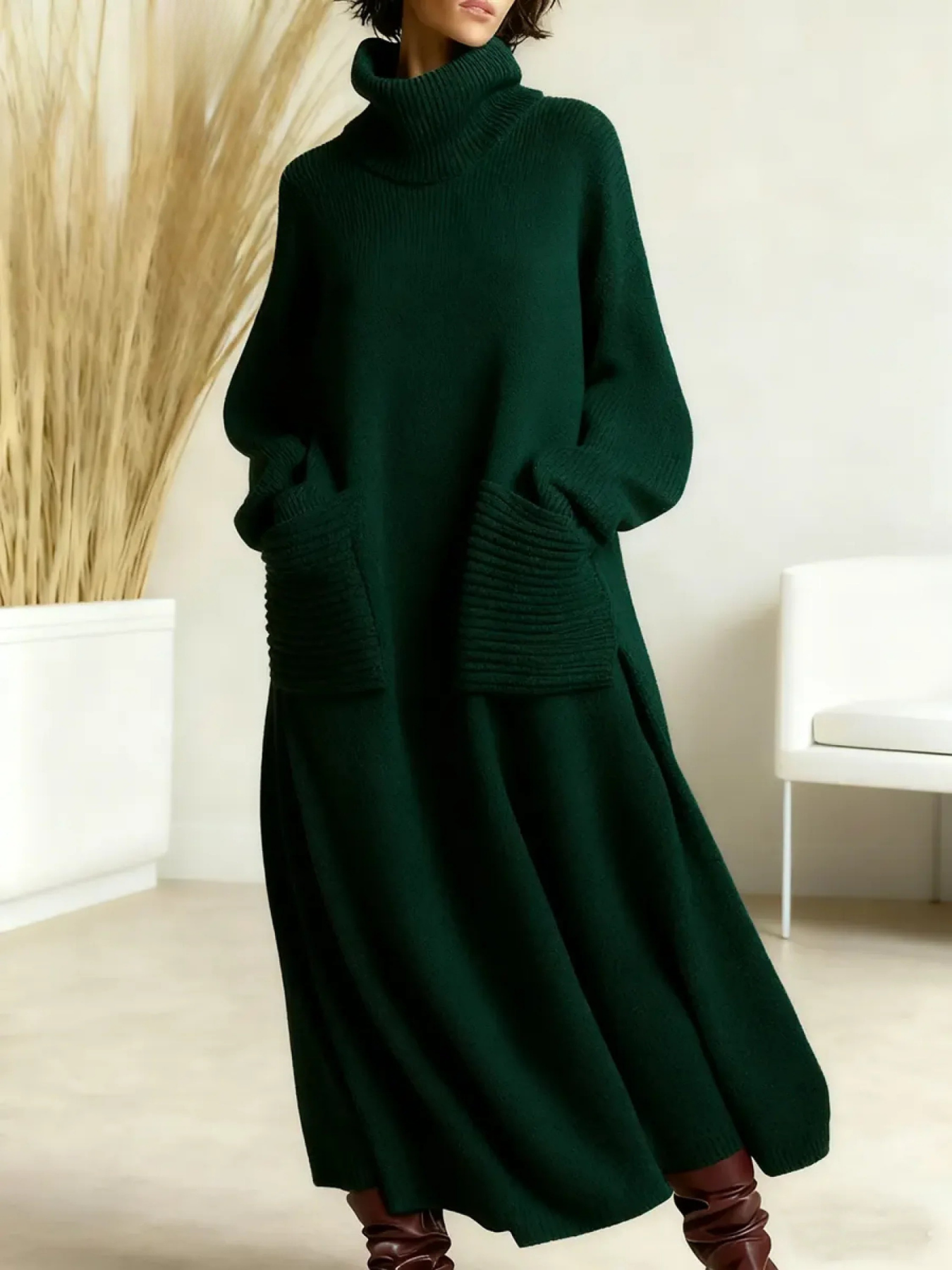 Green knit maxi dress with high neck and long sleeves, loose fit
