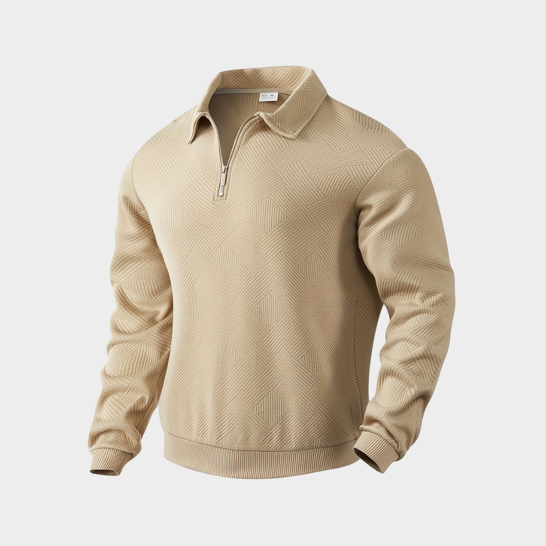 Quarter zip sweater with geometric print knit and stand collar, gallery view 2
