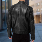 Leather-look jacket detail showing the stitched finish and soft lining