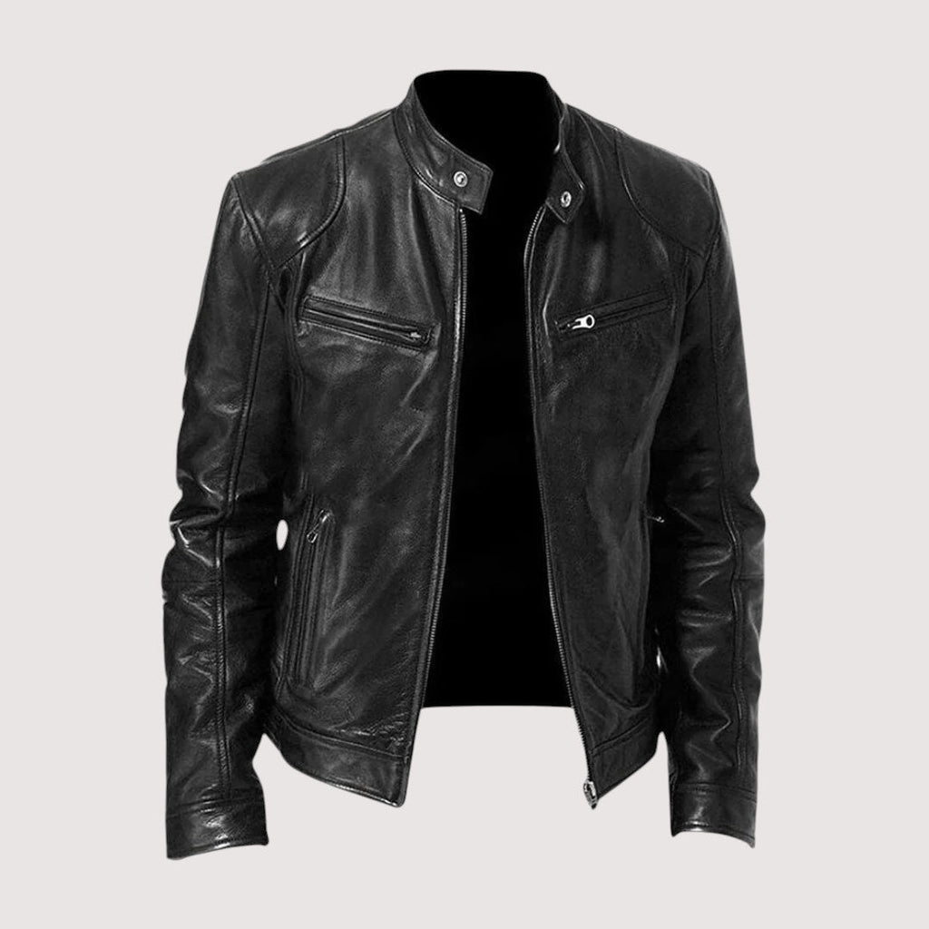 Leather-look jacket in dark brown, styled view showing the lined interior and structured shoulders
