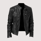 Leather-look jacket in dark brown, styled view showing the lined interior and structured shoulders