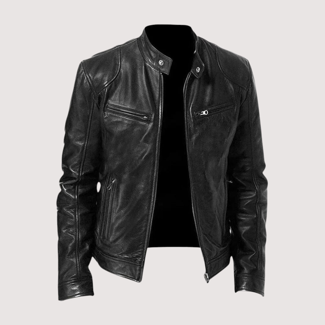 Leather-look jacket in dark brown, styled view showing the lined interior and structured shoulders