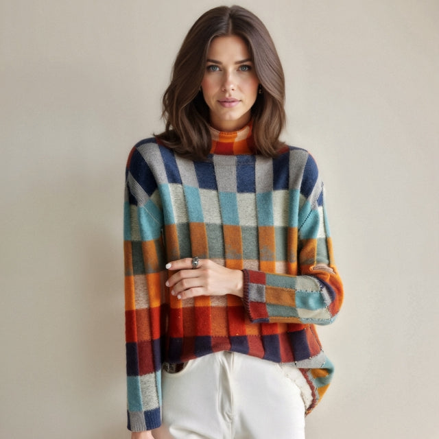 Patchwork knit turtleneck sweater with colourful melange accents.