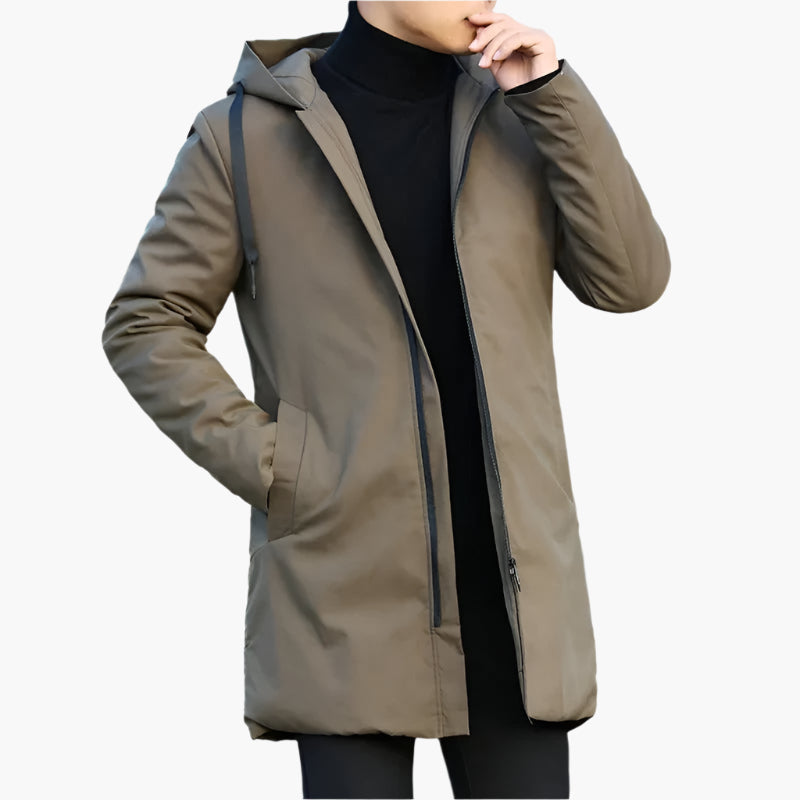 Black hooded padded winter jacket, detail of hood and collar