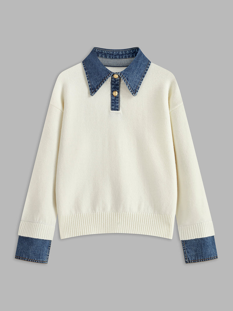 Panel lapel sweater in a two-in-one knit, full-length styled view.