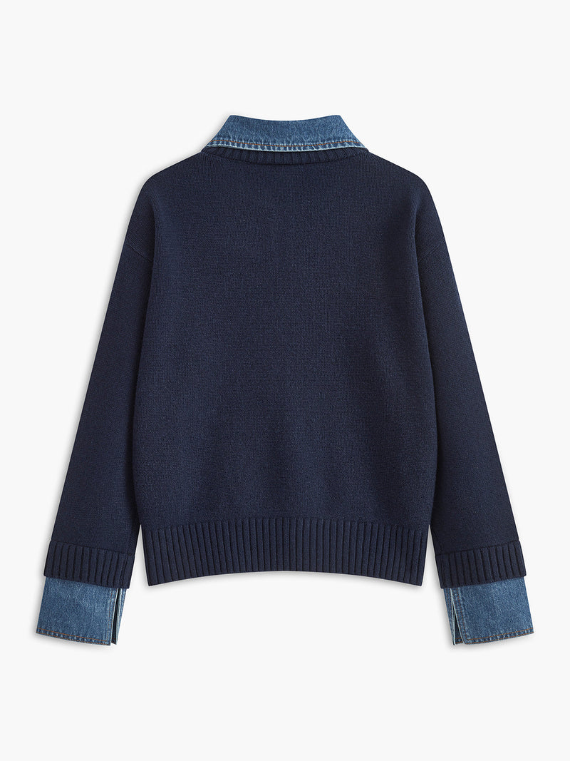 Panel lapel sweater in light grey with a two-in-one layered front and metal buttons, front view.