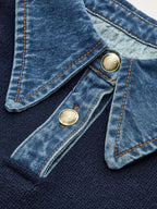 Panel lapel sweater in brown with a two-in-one layered front and metal buttons, front view.