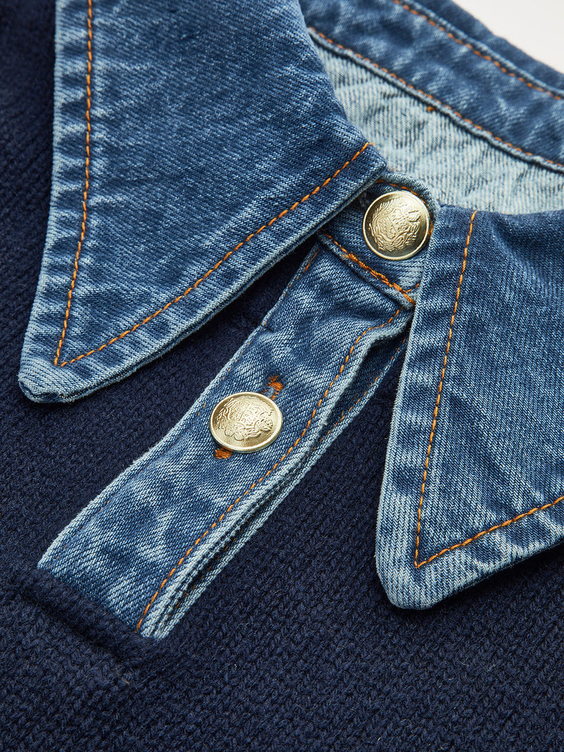 Panel lapel sweater in brown with a two-in-one layered front and metal buttons, front view.