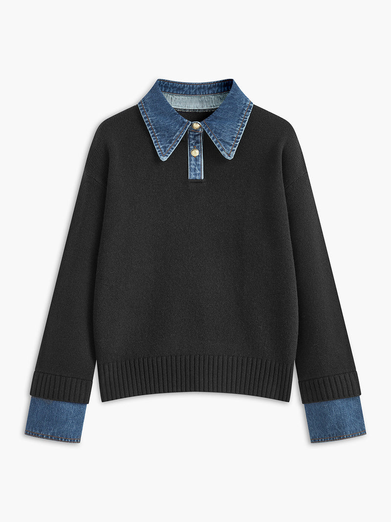 Panel lapel sweater in white with a two-in-one layered front and metal buttons, front view.