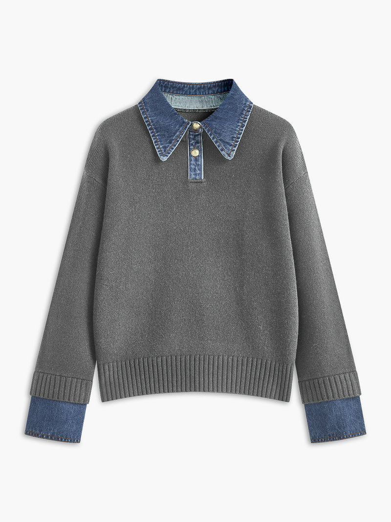 Panel lapel sweater in a two-in-one knit, additional product view.