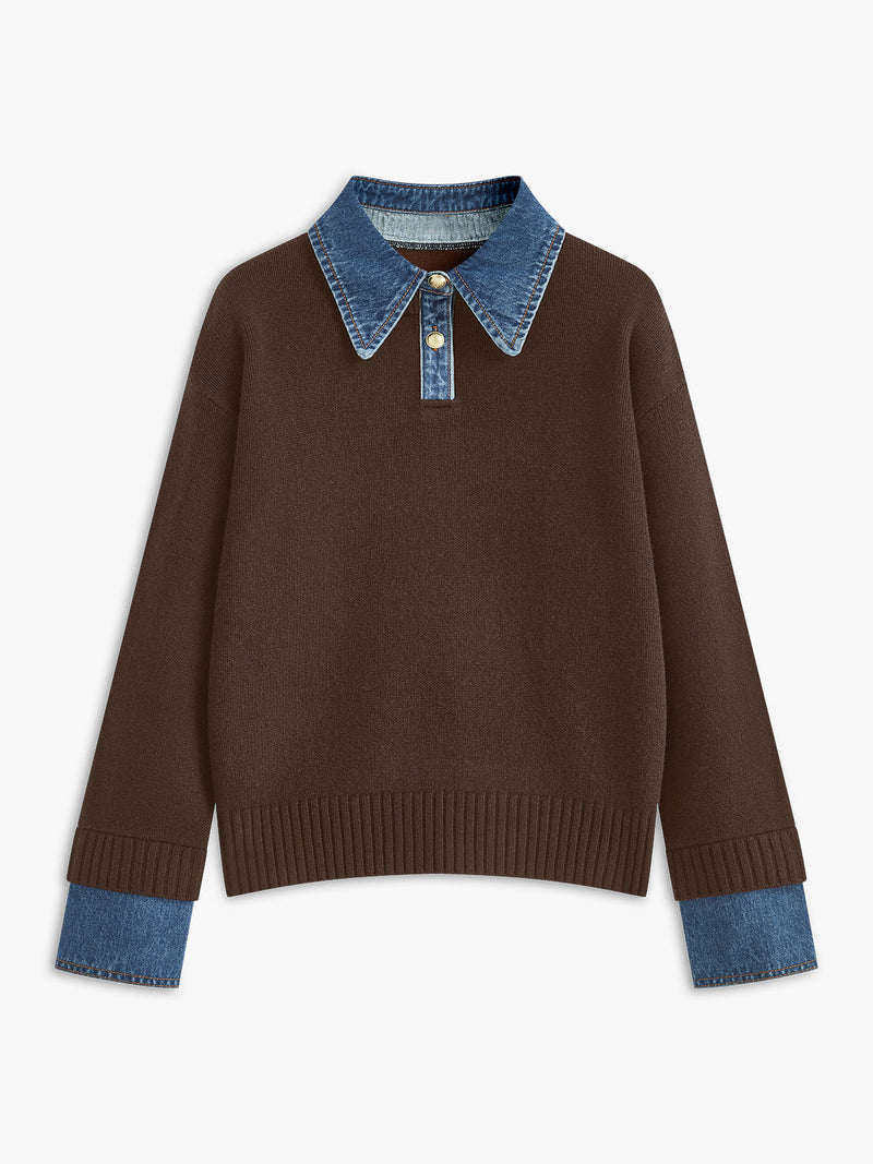 Panel lapel sweater in a two-in-one knit, close-up of the lapel panel.