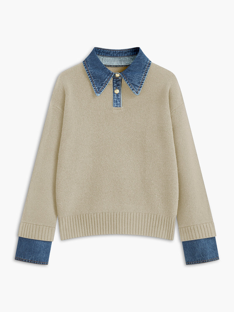 Panel lapel sweater in a two-in-one knit, close-up of the metal button detail.