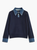 Panel lapel sweater in navy with a two-in-one layered front and metal buttons, front view.