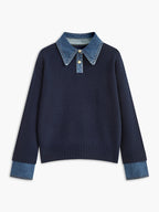 Panel lapel sweater in navy with a two-in-one layered front and metal buttons, front view.