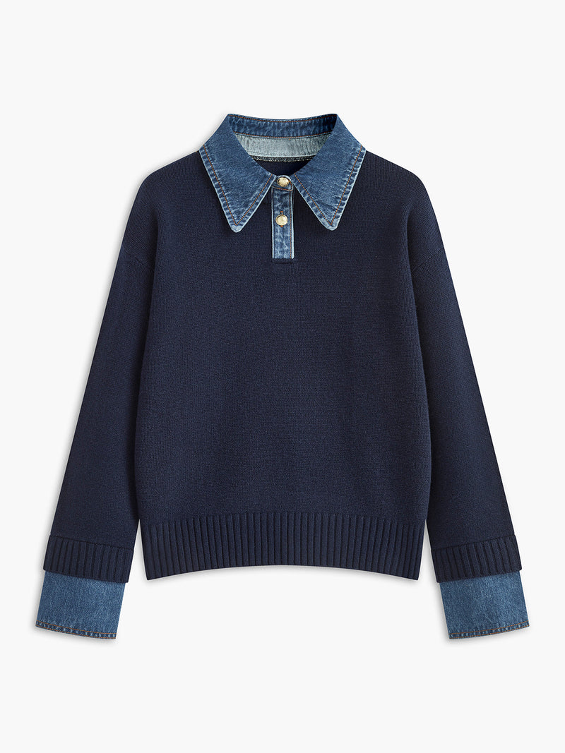 Panel lapel sweater in navy with a two-in-one layered front and metal buttons, front view.