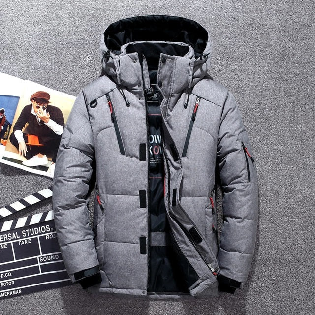 Down puffer parka with detachable hood in gray, front view, full zip and thick insulation.