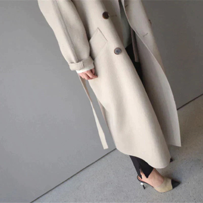Long double-breasted wool coat, detail view