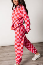 Pink and red checkered hoodie, side view showing oversized fit