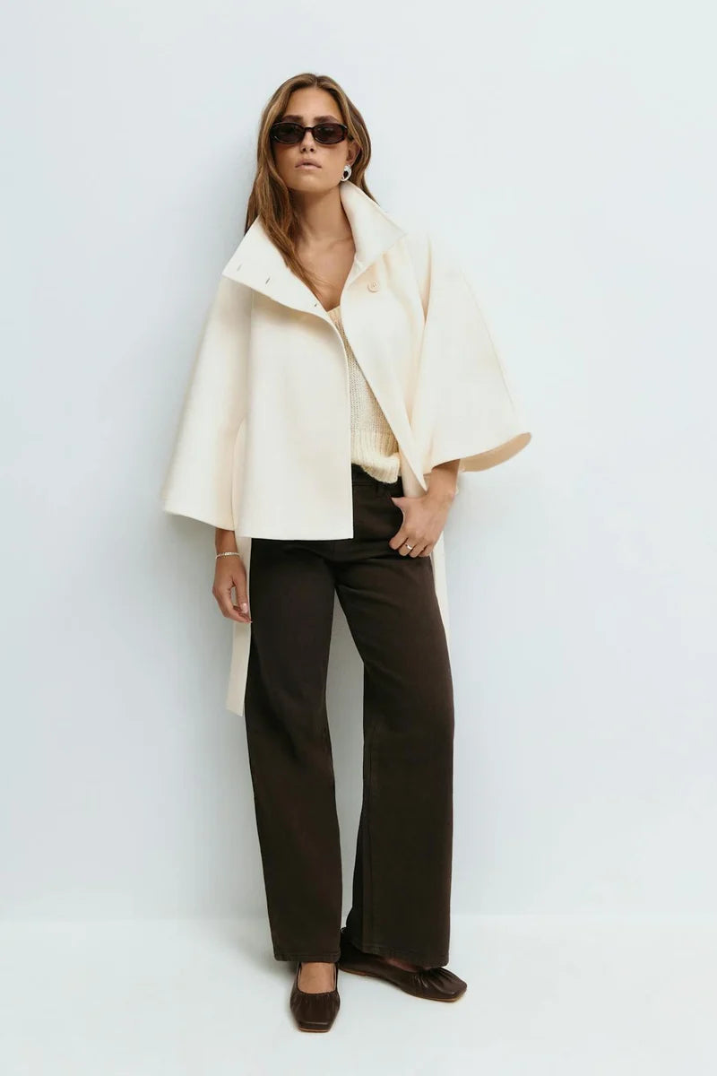 Cape-Sleeve Belted High-Collar Coat