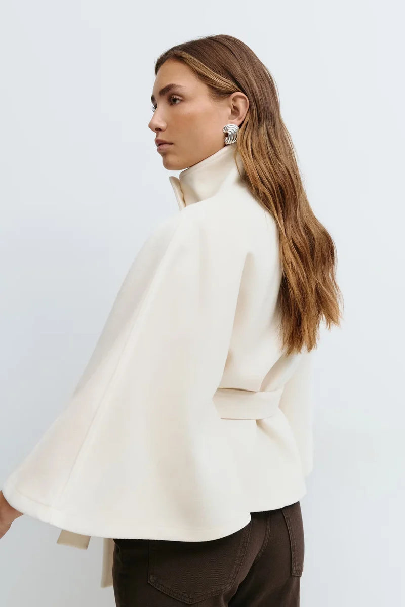 Cape-Sleeve Belted High-Collar Coat