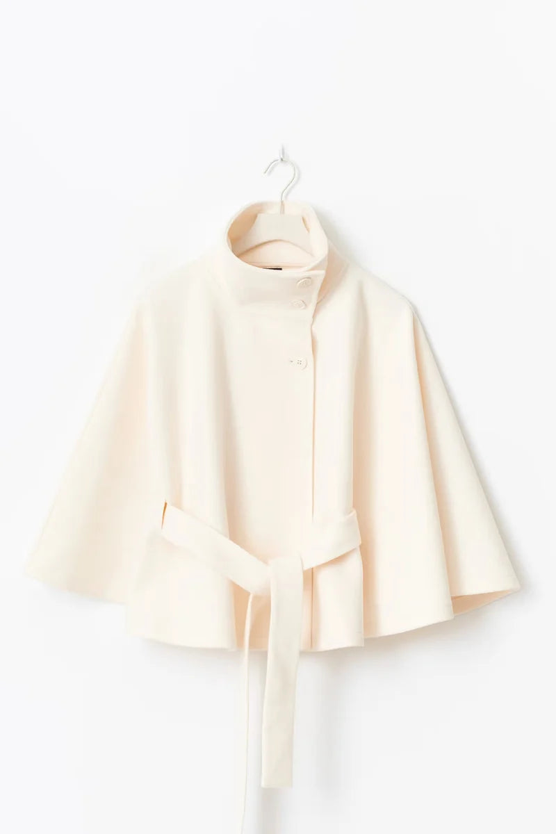 Cape-Sleeve Belted High-Collar Coat