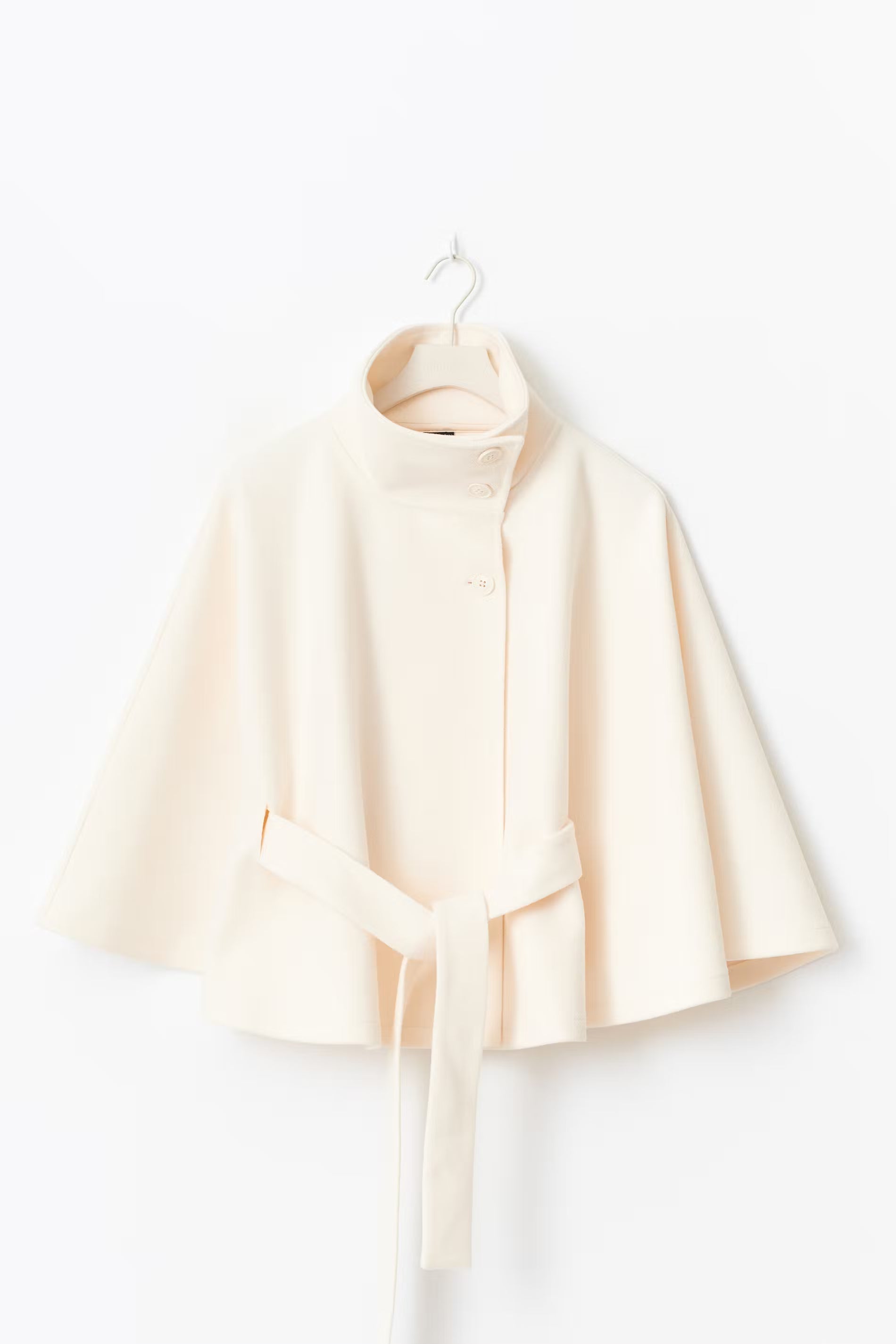 Cape-Sleeve Belted High-Collar Coat