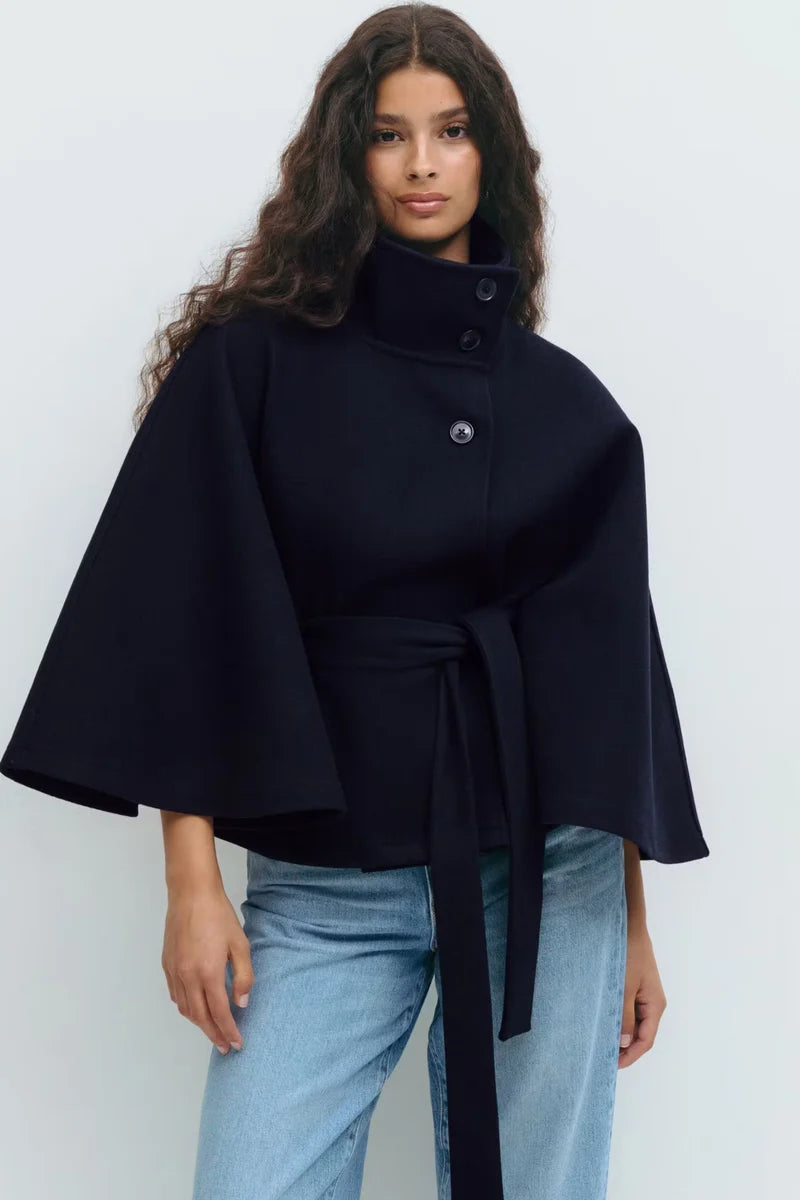 Cape-Sleeve Belted High-Collar Coat
