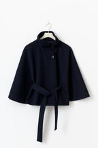 Wool blend coat with high collar and removable belt, detail view