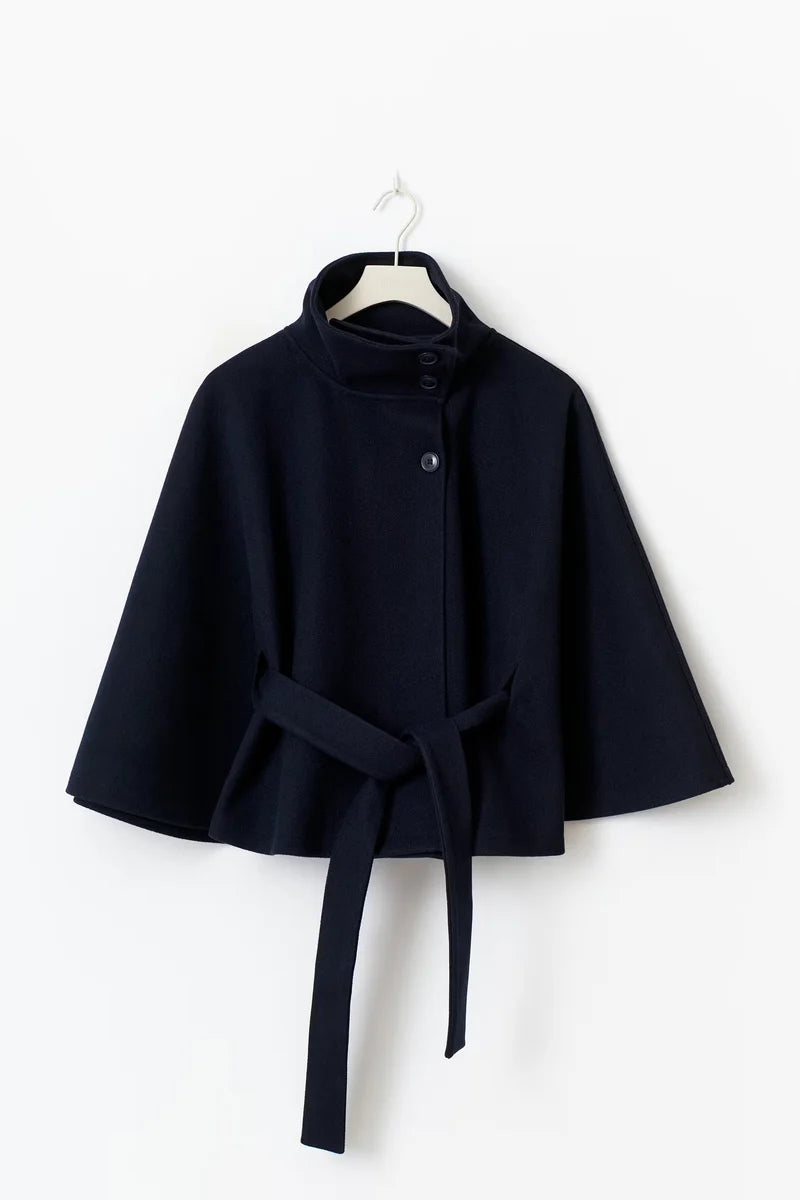 Cape-Sleeve Belted High-Collar Coat