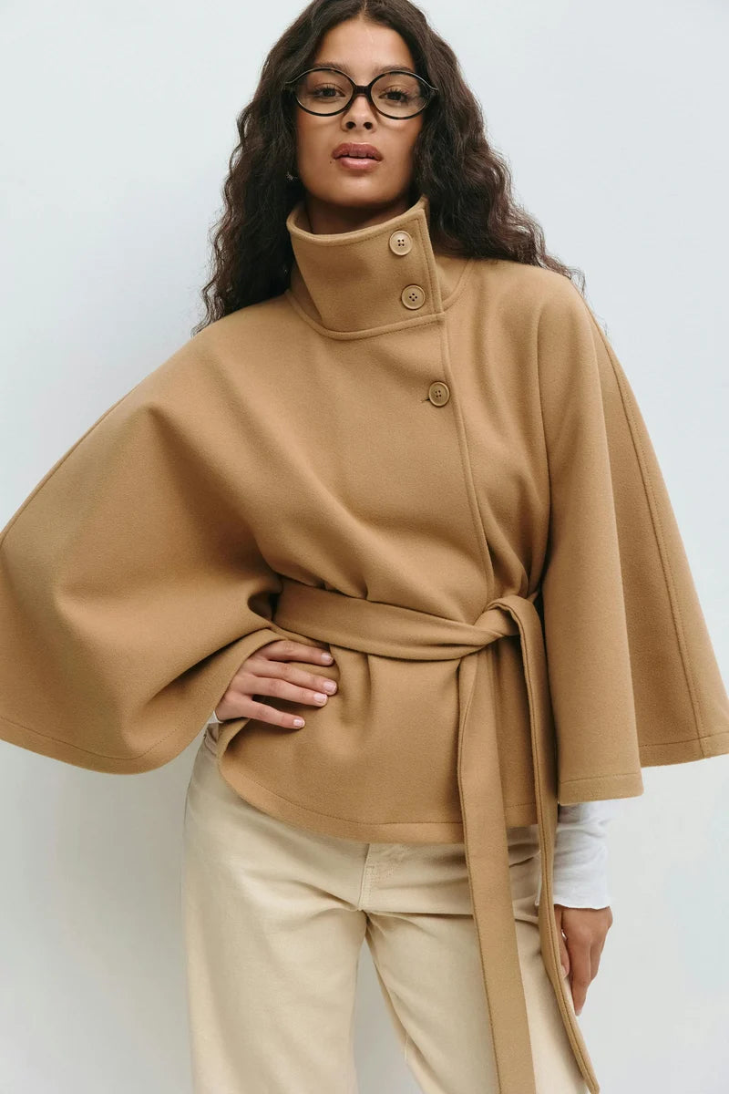 Cape-Sleeve Belted High-Collar Coat