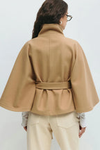 Cape-Sleeve Belted High-Collar Coat