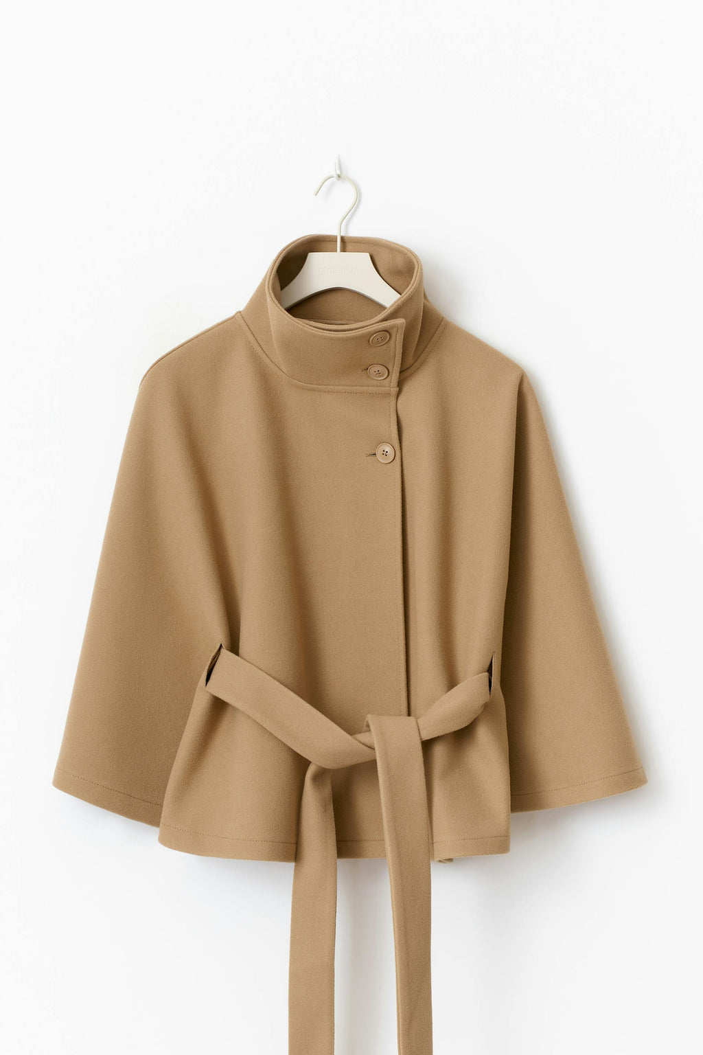 Wool blend coat with high collar and removable belt, detail view