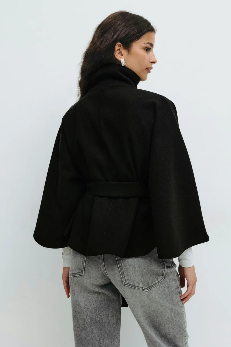 Cape-Sleeve Belted High-Collar Coat