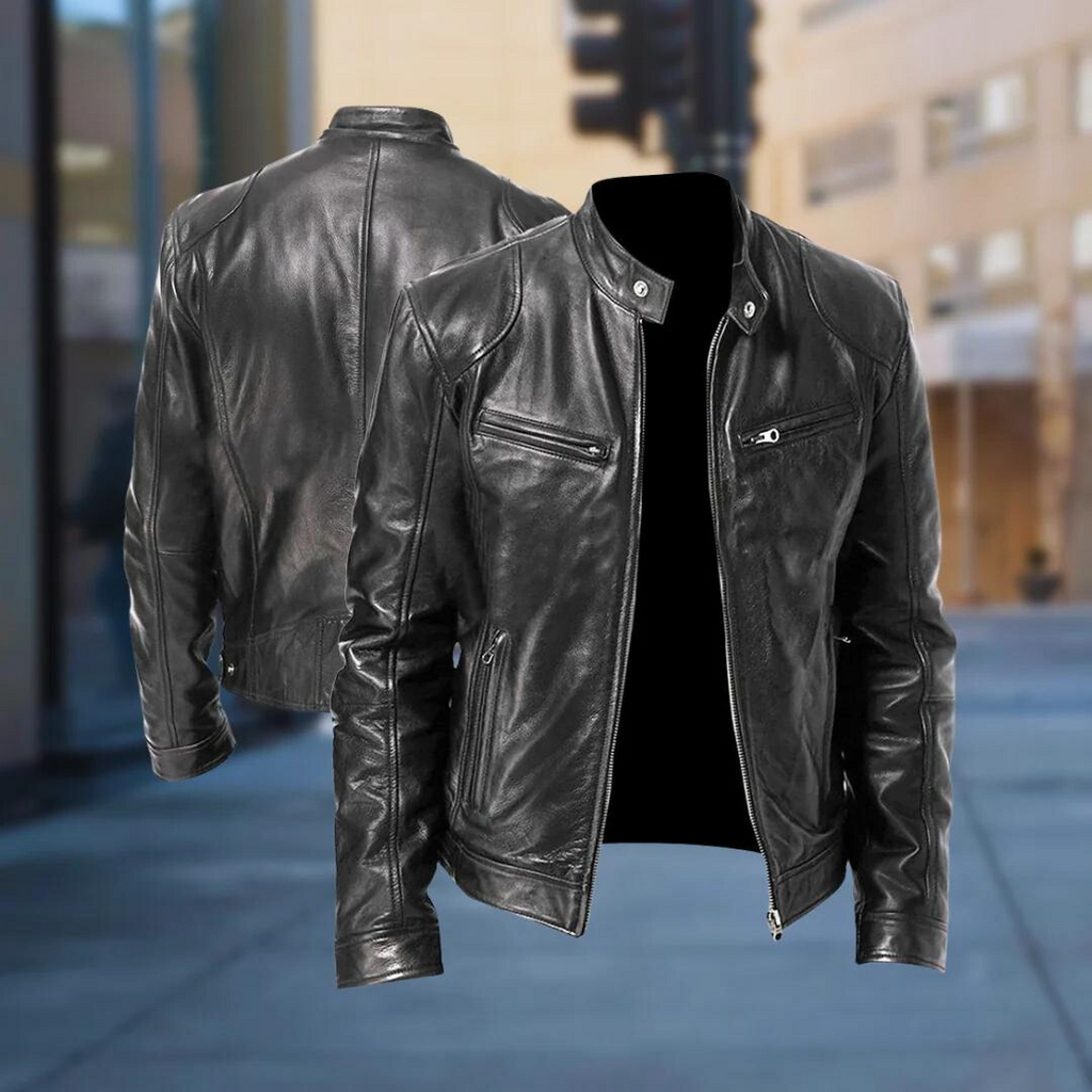 Leather-look jacket detail showing the front zip and zipped side pockets