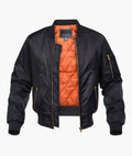 Black bomber jacket with quilted lining and ribbed collar, front view
